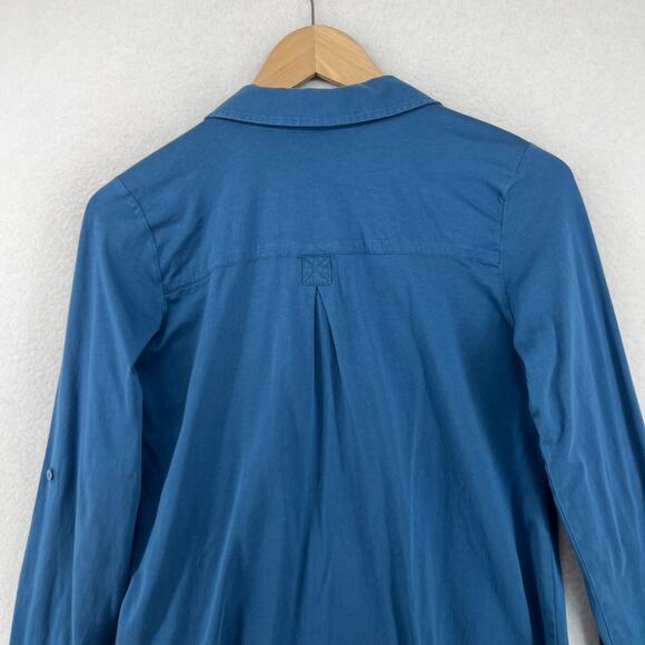 EILEEN FISHER Top S Organic Cotton Jersey Shirt Button Up Roll Tab Sleeve Blue - Picture 6 of 16